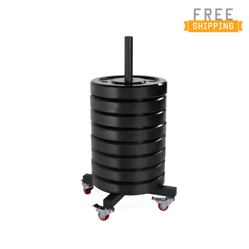 250 Lb Black Bumper Plate Set with Trolley Storage Rack (25 Lb Bumper Plate x 10)