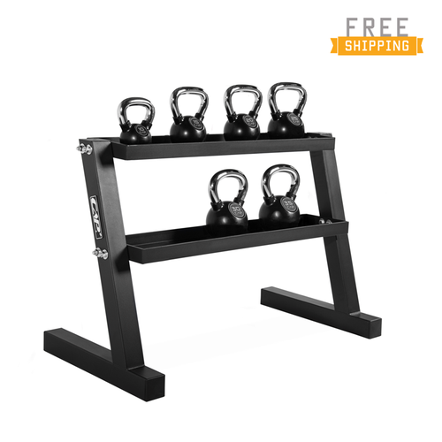 WF Athletic Supply 135lb Black Rubber Coated Kettlebell Set with Storage Rack