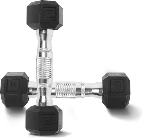 Rubber Coated Hex Paired Dumbbells with Contoured Chrome Handle, Weight Size Options Available from 3 to 120Lbs