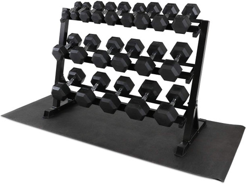 Rubber Coated Hex 5 - 50LB Dumbbell Set with 3-Tier Rack and Mat, Multiple Options