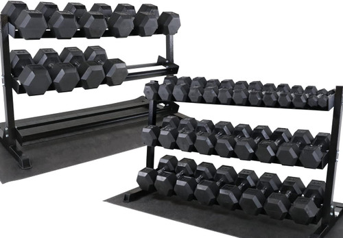 Rubber Coated Hex 5 - 100lb Dumbbell Set with 3-tier Rack and Mat, Multiple Options