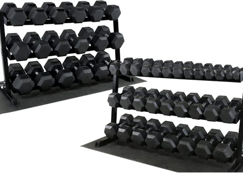 Rubber Coated Hex 5 - 120lb Dumbbell Set with 3-tier Rack and Mat, Multiple Options