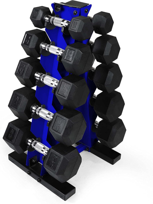 5-25Lb Rubber Coated Hex Dumbbell Set with A Frame Storage Rack, Non-Slip, Multiple Choices Available