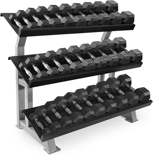 Rubber Coated Hex 5-70lb Dumbbell Set with 3-tier Rack Stand