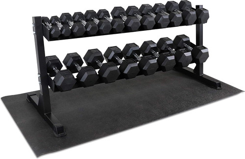 Rubber Hex 5 - 50LB Dumbbell Set with 2-Tier Rack and Mat, Multiple Options